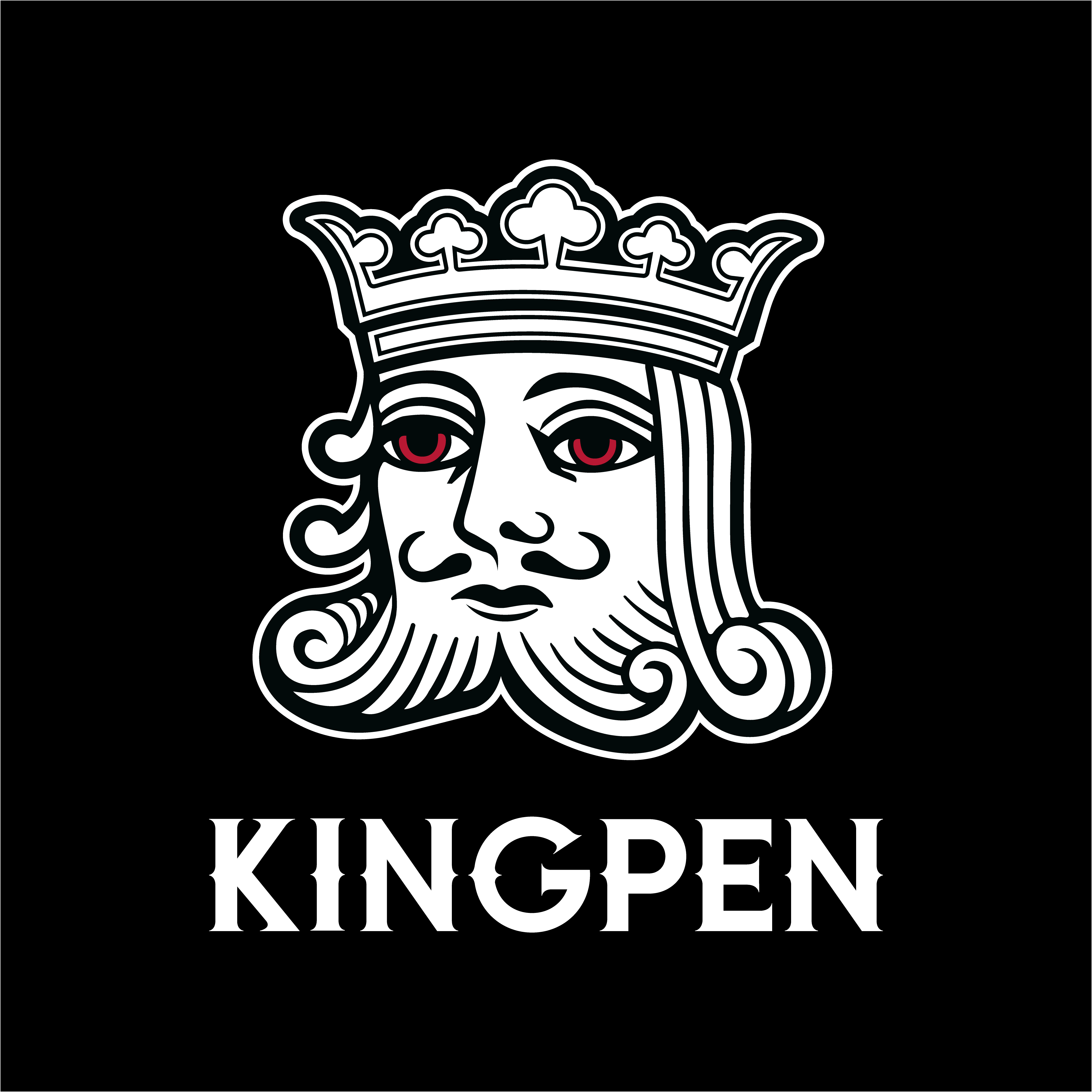 Kingpen king's head with red eyes logo on top of Kingpen wordmark