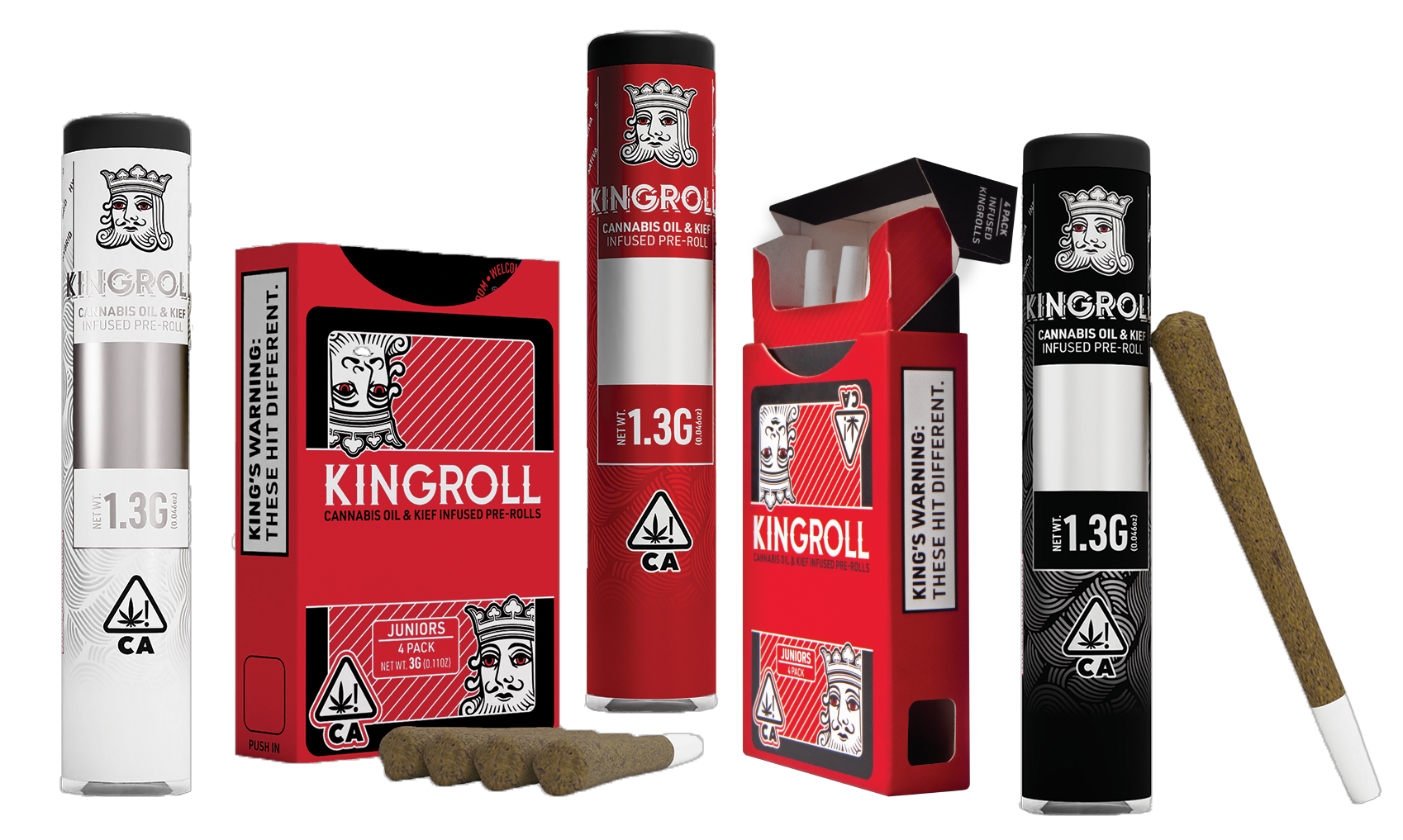 Kingroll product family showing product packaging and kief infused pre rolls