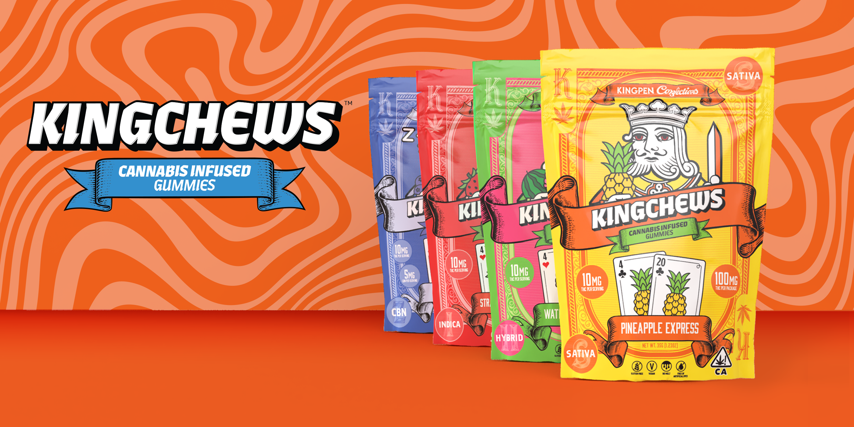 Kingchews Cannabis Infused Gummies logo and 4 gummy packages, 1 per strain: Pineapple Express, Watermelon Sorbet, Strawberry Fields and Blueberry Z for sleep