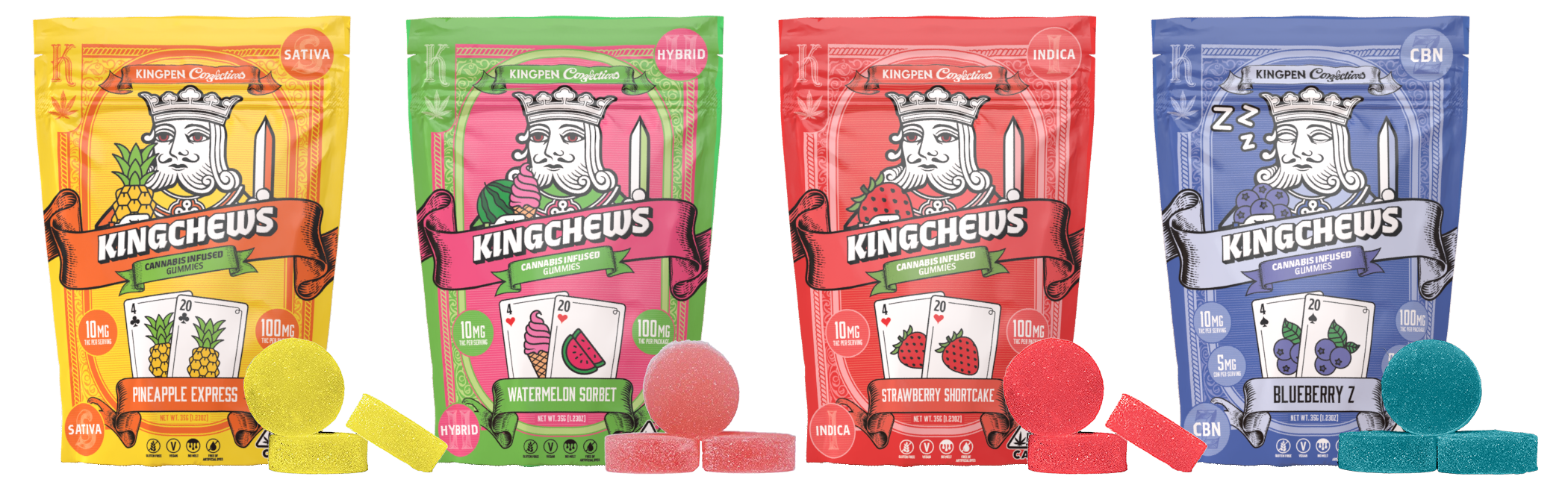 Kingchews colorful, illustrated bags and gummies L to R: Pineapple Express Sativa, Watermelon Sorbet Hybrid, Strawberry Shortcake Indica, Blueberry Z CBN for Sleep